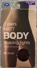 BOOTS 2 PAIRS MATT BODY SHAPING TIGHTS ~ 15 DENIER ~ XL ~ BLACK ~ DRESS SIZE 22
