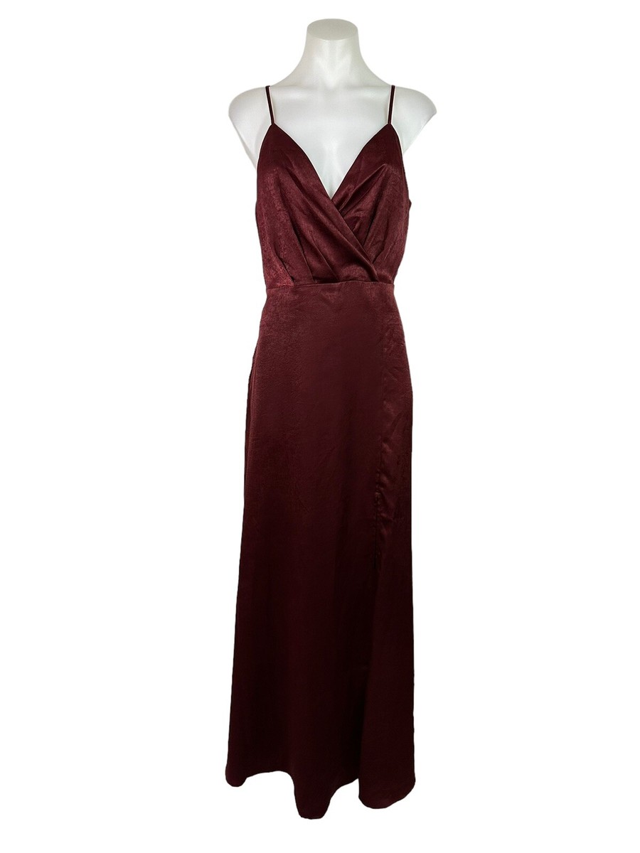 ode to love burgundy satin maxi dress Maxi Long Sleeve Satin Wrap Dress