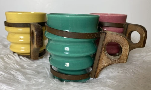 Metlox Pottery Poppytrail Green Yellow Pink Mug Wood and Metal Clip-on Handle 3