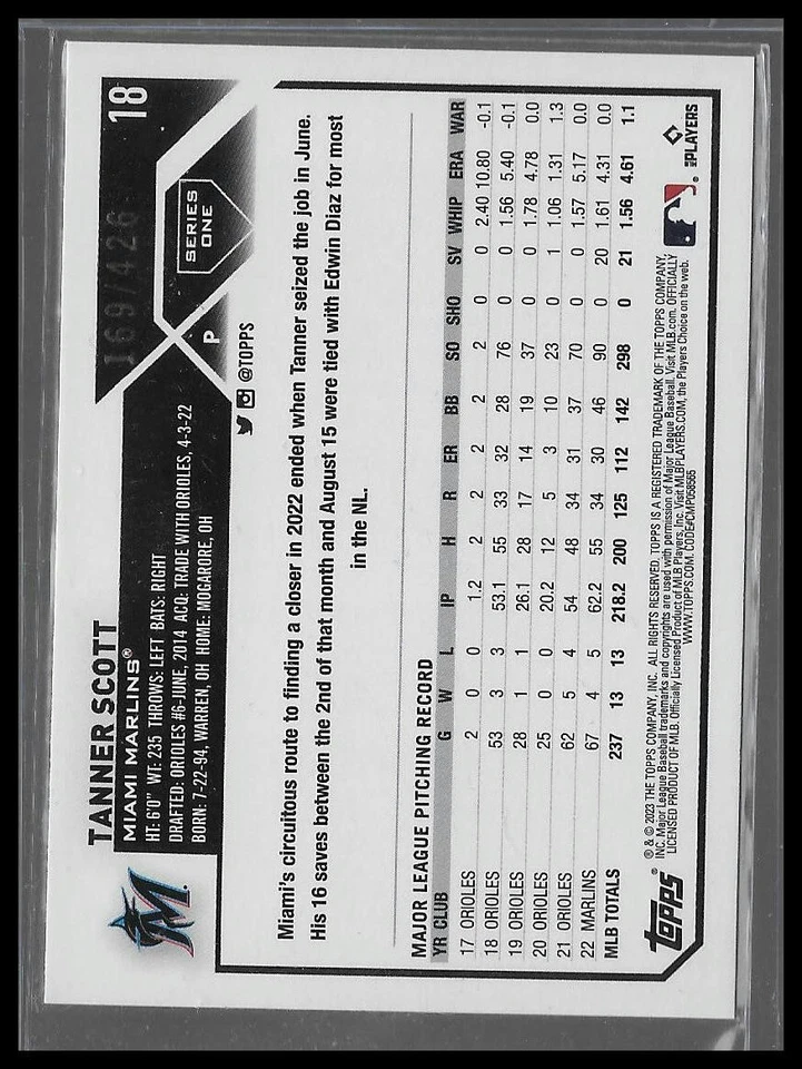 2023 Topps Complete Set Hobby Foilboard /426 Tanner Scott #18 - Image 2 of 2