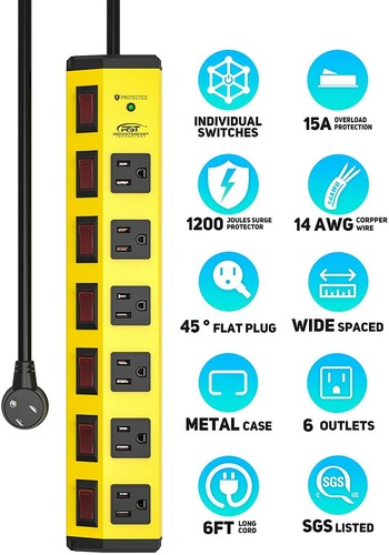 6 outlets Heavy Duty Power Strip,1200J Surge Protector 6 ft, Individual Switches - Picture 11 of 24