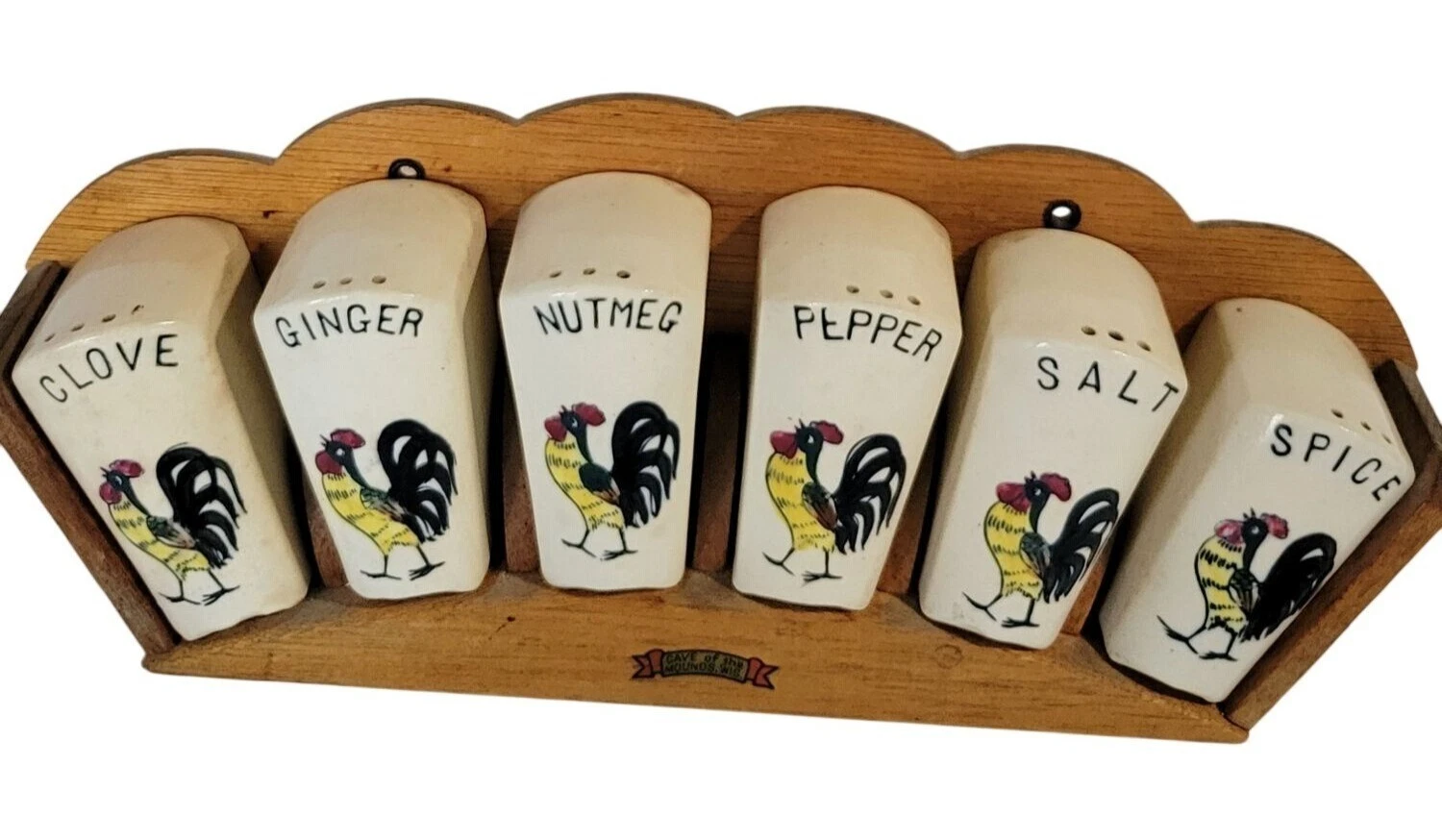 Vintage MCM Wood Spice Rack 6 Handpainted Ceramic ShakersRooster Design Rare