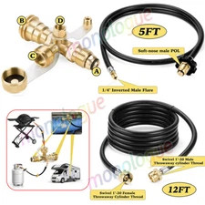 Propane Brass Tee Adapter Kit 4-Port w/ 5ft &12ft Hose For RV Motorhome Cylinder