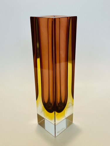 Vintage Oball Murano Sommerso Square Glass Vase Amber & Yellow 20cm - Picture 18 of 21
