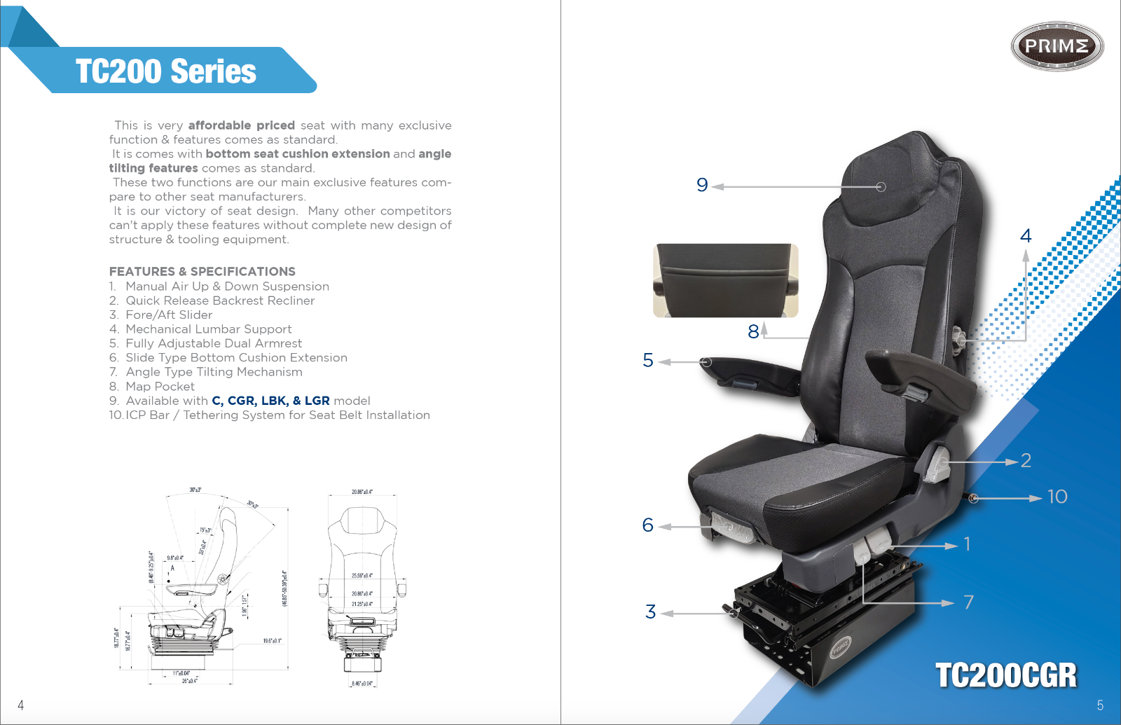 PRIME SEATING TC200LBK GENUINE BLACK LEATHER WITH ARM REST AIR RIDE