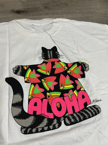 Camisa Loca De Colección Hawaii B Kliban Aloha Gato Pez Puntada Única Años 80 90 XL - Imagen 6 de 7