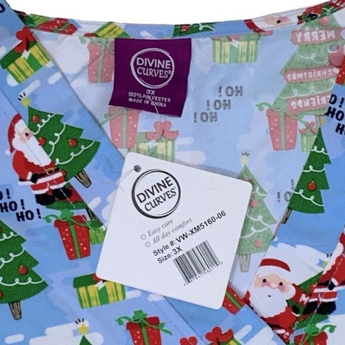 Devine Curves Scrub Christmas Top Women V Neck Short Sleeve Santa Blue Plus 3X - Picture 7 of 13
