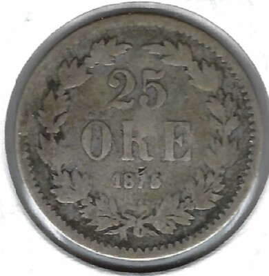 1875 Sweden 25 Ore Oscar II Silver Coin!