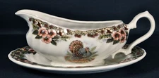 Churchill Myott Thanksgiving 9" Gravy Boat & Under Plate Multi-Color Turkey