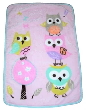 BANANAFISH Owl Tree Baby Blanket Pink Purple Aqua Teal Trim Luxe Plush Throw