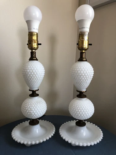 2 Vintage  Milk Glass Hobnail Table Lamps w/ Dish Bases -  Sharp  Mold Lines