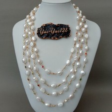 18" 4 Strands Freshwater White Baroque Pearl Multi Color Cz Chain Necklace