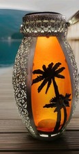 Palm Tree Lamp Light Lantern Metal Glass Battery Powered Timer Stand Hang Rare 