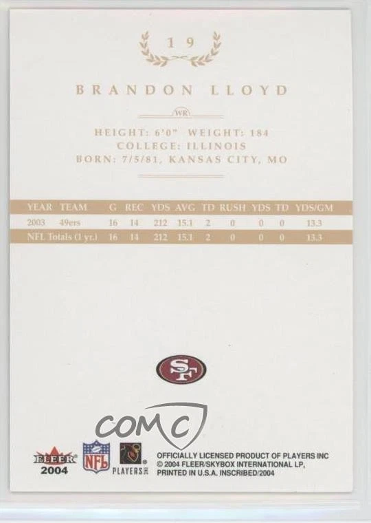 2004 Fleer inScribed Black Border Gold /199 Brandon Lloyd #19 - Image 2 of 2