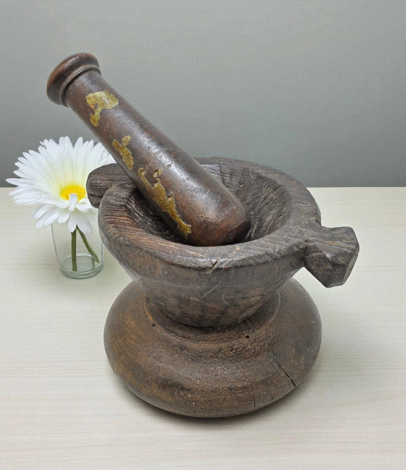Antique Wooden Kitchenware Spice Grinding Bowl Original Old Hand Carved