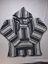 Mexican Baja Hoodie Men Medium Gray Black Striped Acrylic Long Sleeve Drugrug