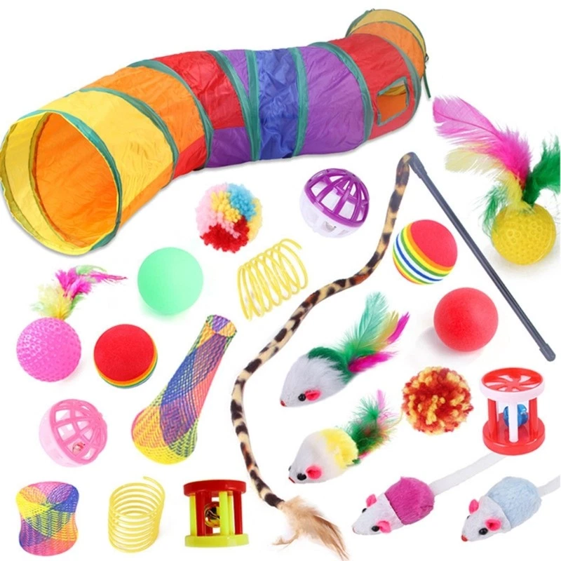 Cat Feather Ball Tunnel Mouse Chewing Toy Set Cat Teeth Care Set of 22