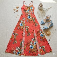 Since Then Floral Double Thigh Slit Maxi Dress Coral Pink Blue Size S NWT