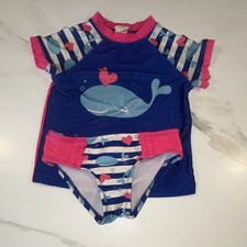 Op Girls Whale Swim Set Short Sleeve Bikini Striped Blue Pink Size 4T 2 Piece