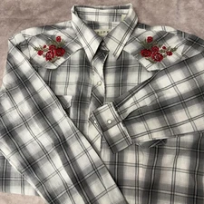 Roper Shirt Men Size Large Gray Plaid Western Pearl Snap Rose Embroidered