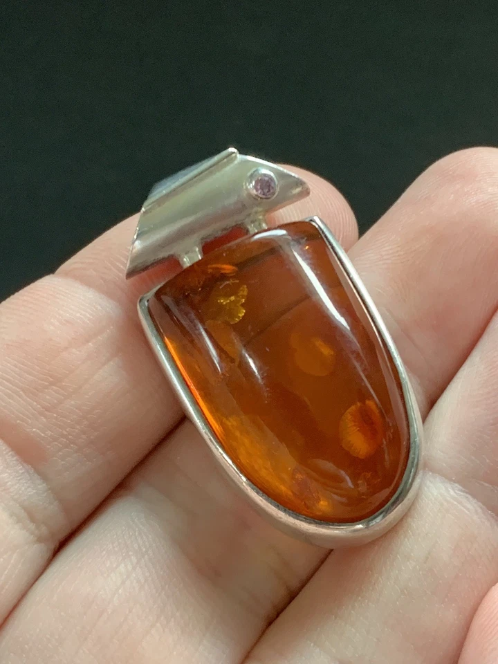 Vintage Sterling Silver 925 Bezel Set Baltic Honey Amber Pendant - Image 3 of 4