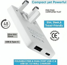 30W FAST Charging Plug Dual Port USB-C & USB Travel Adapter Slim 12mm QC 3.0