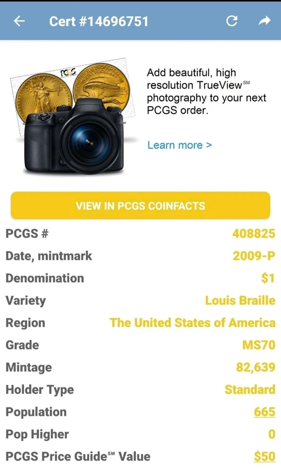 2009-P Louis Braille Commemorative Dollar Coin PCGS MS70 - Image 3 of 3