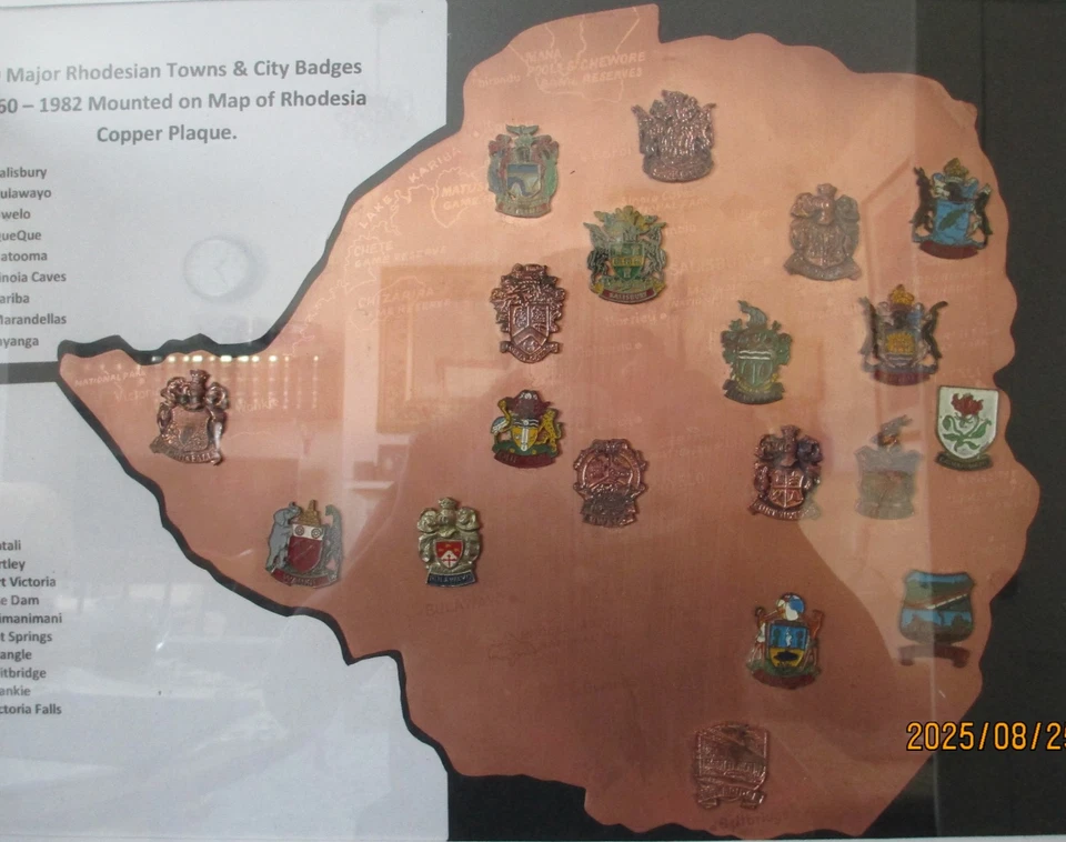 19 Major Rhodesian Towns & City Badges 1960 - 1982 Mounted on Map of Rhodesia. - Image 3 of 4