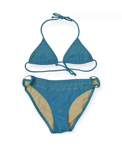 Victorias Secret Blue Gold Stud String Tie Bikini Swimsuit Top XS Bottom MD - Afbeelding 1 van 7