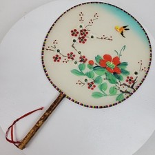 Vintage Asian Hand Fan China Silk Bird Flowers 12x8 Inch