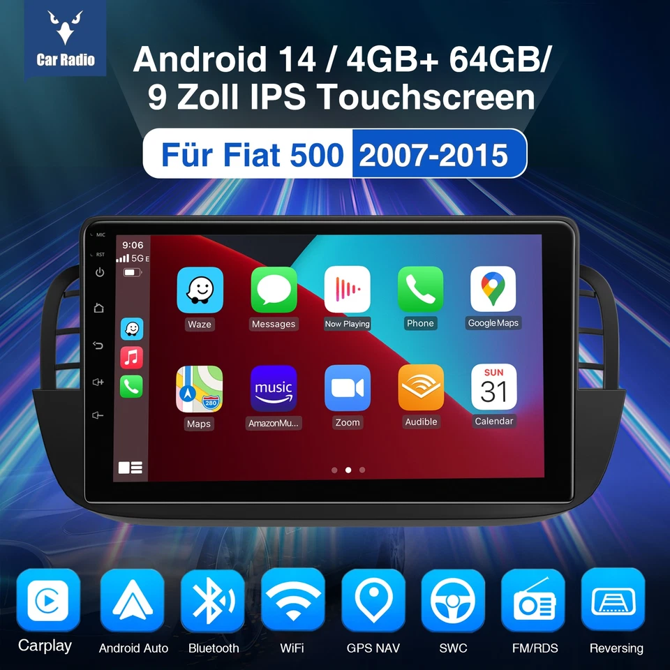 4+64GB Android 14 Autoradio Stereo GPS Wifi Carplay DAB+ Für Fiat 500 2007-2015 - Bild 2 von 4