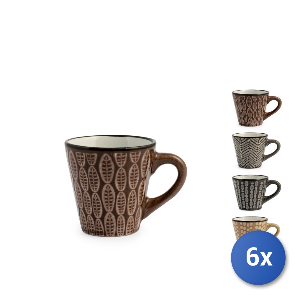 6x H&H Ethnic Coffee Cups In Brown Stoneware Assorted Designs Cc100