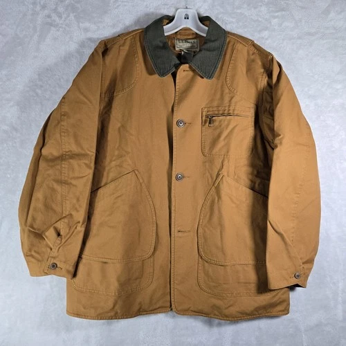 LL Bean Chore Barn Field Coat Mens Size Medium M Khaki Canvas Corduroy Collar