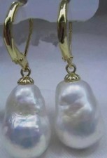 Huge AAAA 12-14mm White South Sea Baroque Pearl Earrings 14K YELLOW GOLD