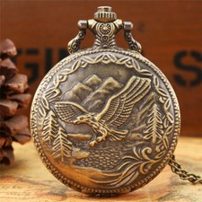 Eagle Engraved Case Quartz Pocket Watch with Necklace Chain Bronze for Men Women