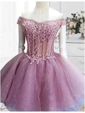 Lace applique beaded dress with lace up backless short evening chiffon balldress