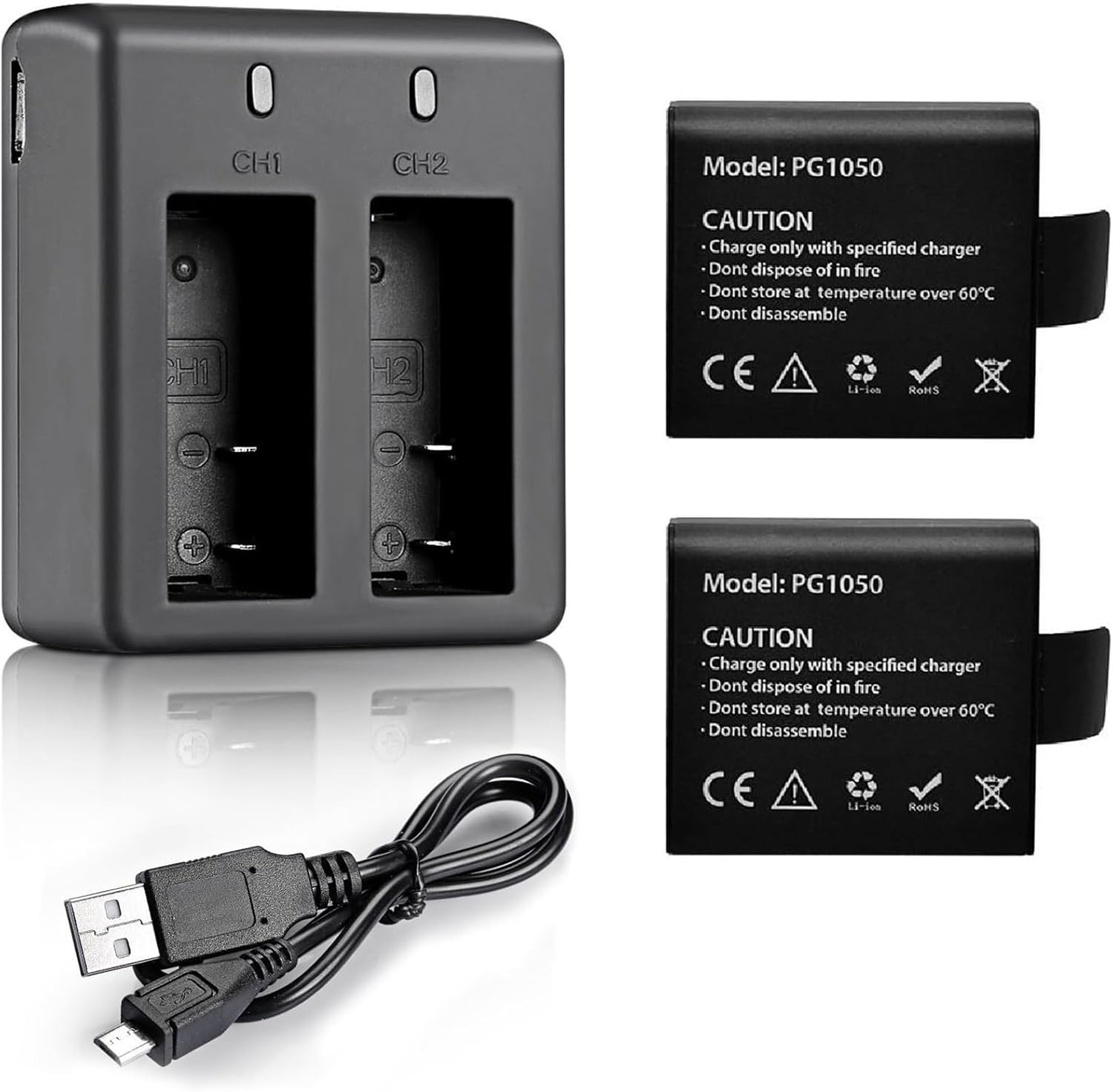 VVHOOY Action Camera Battery Pack 2 Pcs 3.7V 1050Mah Rechargeable Li-Ion Batteri-image