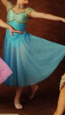 Dress Lyrical Ballet Gold Lace Velvet Bodice Full Chiffon Skirt Copen Blue NWT