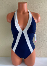 Vince Camuto Womens Sunblock Color Block Halter One-Piece Swimsuit Deep Sea Sz 6