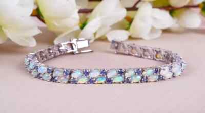 12 Kt Oval Feueropal Laborgefertigt Tansanit Tennis Armband 14K Weißgold Vergoldet