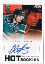 2013-14 PANINI SCORE HOT ROOKIES SIGNATURES MATT IRWIN AUTO SAN JOSE SHARKS