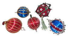 Push Pin Beaded Sequin Christmas Ornaments Red Blue Vintage Handmade Lot of Five