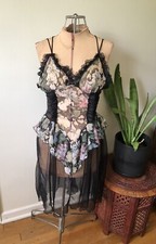 1980 s Black Floral Chiffon Negligee Nightie