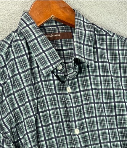 Perry Ellis Mens Medium Plaid Shirt Button Up Long Sleeve Navy Blue Green Cotton - Picture 2 of 12