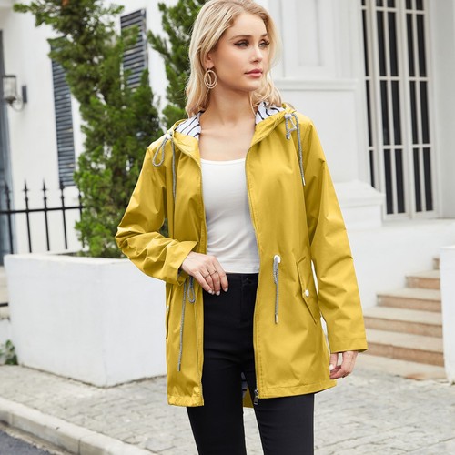 Women's Hooded Rain Coat Long Sleeve Full Zip Anorak Split Hoodie Trench Coat - Picture 48 of 50
