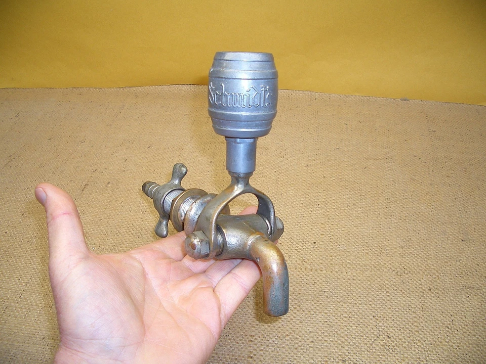 VINTAGE ORIGINAL SCHMIDTS BEER PHILA  BARREL TAP HANDLE KNOB W/ BRASS BAR SPIGOT - Image 3 of 4