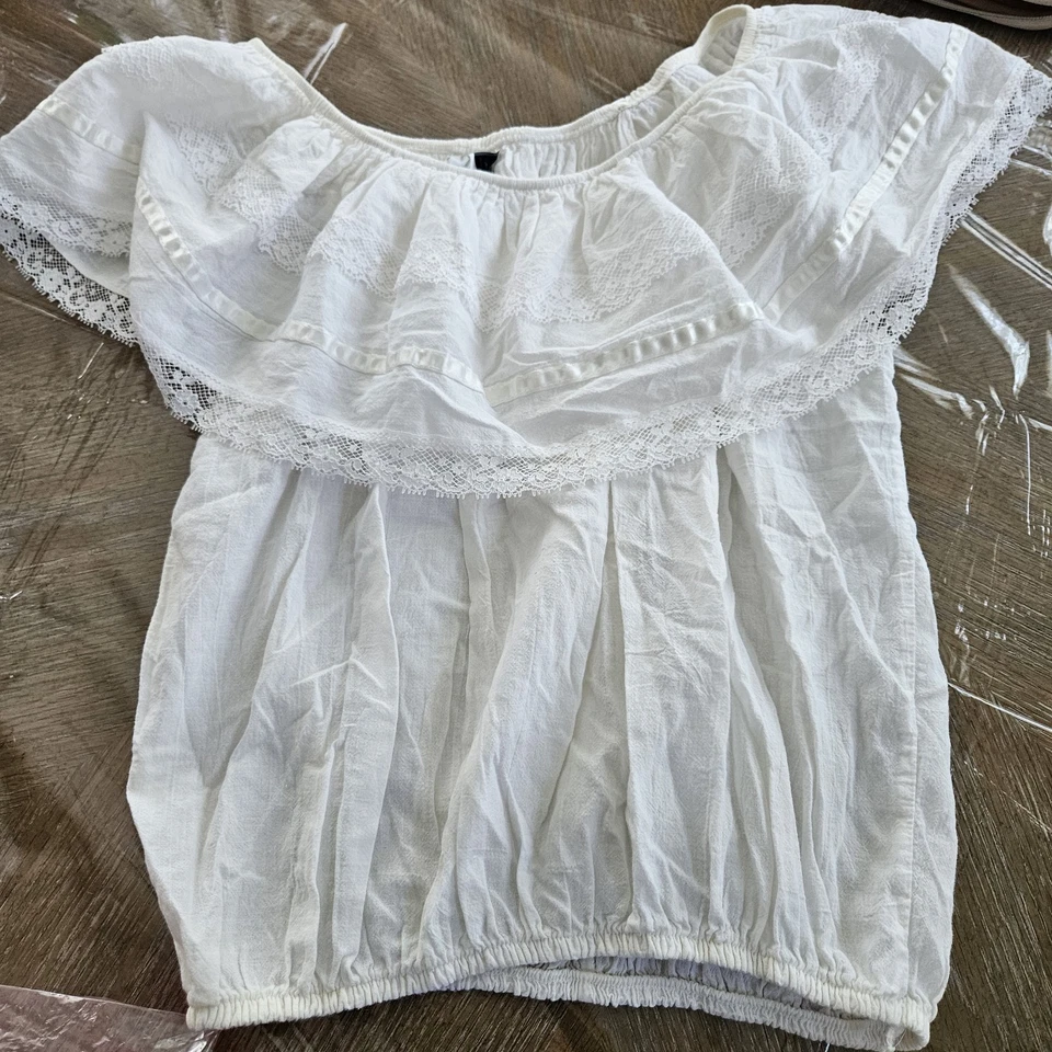 Top caprichoso Frederico S vintage años 70 para mujer blanco pradera boho con volantes de encaje Foto 4 de 4