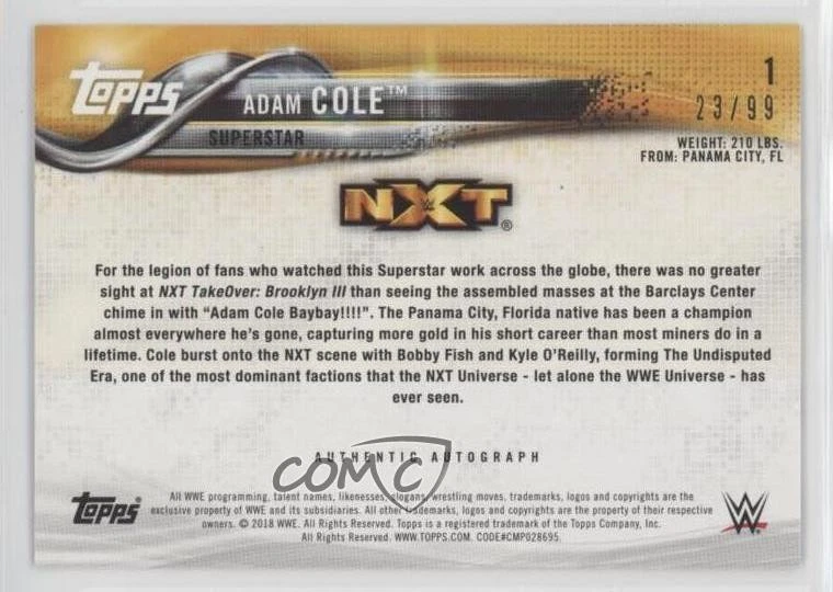 2018 Topps WWE Authentic Auto /99 Adam Cole #1 Rookie Auto RC - Image 2 of 2