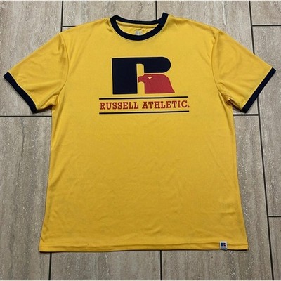 Russell Athletic Mens Dri-Power Ringer T-Shirt Yellow Large Heritage Eagle Logo