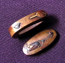 Tsuchiya school Inro Edo era Japan antique Copper Inlaid Fuchi Kashira Mouse